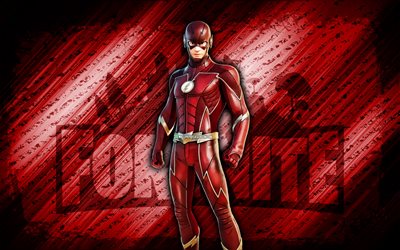 The Flash Fortnite, 4k, red diagonal background, grunge art, Fortnite, artwork, The Flash Skin, Fortnite characters, The Flash, Fortnite The Flash Skin