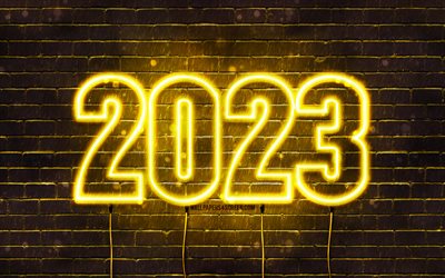 2023 felice anno nuovo, 4k, muro di mattoni giallo, cifre al neon blu, 2023 concetti, 2023 cifre gialle, felice anno nuovo 2023, creativo, 2023 sfondo giallo, 2023 anno, 2023 cifre al neon