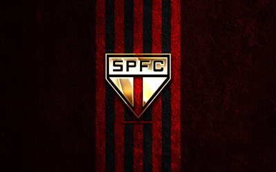 شعار نادي ساو باولو الذهبي, 4k, الحجر الأحمر الخلفية, الدوري البرازيلي, نادي كرة القدم البرازيلي, شعار نادي ساو باولو لكرة القدم, كرة القدم, spfc, ساو باولو