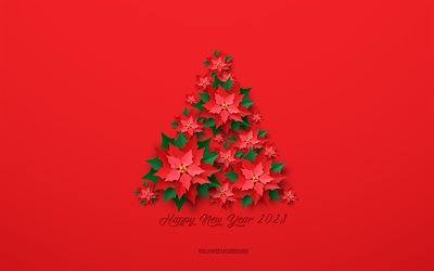 Happy New Year 2023, 4k, red christmas background, 2023 concepts, creative Christmas tree, 2023 Happy New Year, creative art, Christmas tree with leaves