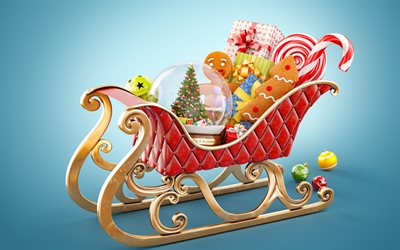 Merry Christmas, sleigh, gifts, New Year, Christmas
