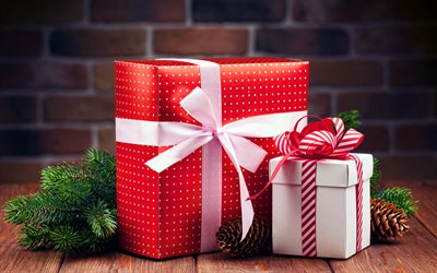 4k, 흰색 선물 상자, 전나무, 붉은 활, 새해 복 많이 받으세요, 크리스마스 장식들, 크리스마스, 빨간 크리스마스 공, 크리스마스 장식, 크리스마스 선물, 선물 상자, 선물