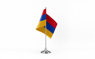 4k, armenische tischflagge, weißer hintergrund, armenische flagge, tischflagge von armenien, armenische flagge auf metallstab, flagge von armenien, nationale symbole, armenien, europa