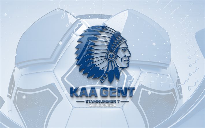 kaa ジェントの光沢のあるロゴ, 4k, 青いサッカーの背景, ジュピラー プロ リーグ, サッカー, ベルギーのサッカー クラブ, kaaゲントのロゴ, kaaゲントのエンブレム, ゲントfc, フットボール, スポーツのロゴ, kaaゲント