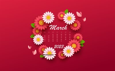 4k, calendrier mars 2023, fond violet avec des fleurs, mars, calendrier de fleurs créatif, concepts 2023, fleurs roses