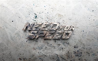 logo in pietra nfs, 4k, sfondo di pietra, logo nfs 3d, il logo di need for speed, creativo, logo dell'nfs, arte del grunge, nfs, bisogno di velocità