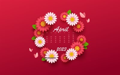 4k, April 2023 Calendar, purple background with flowers, April, creative flower calendar, 2023 April Calendar, 2023 concepts, pink flowers