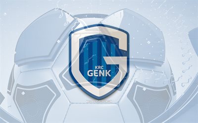 KRC Genk glossy logo, 4K, blue football background, Jupiler Pro League, soccer, belgian football club, KRC Genk 3D logo, KRC Genk emblem, Genk FC, football, sports logo, KRC Genk