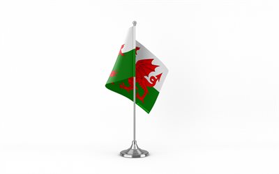 4k, bandera de mesa de gales, fondo blanco, bandera de gales, bandera de gales en palo de metal, símbolos nacionales, gales, europa