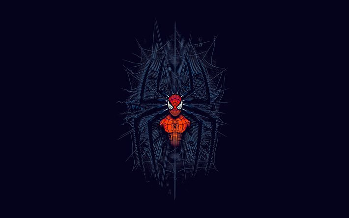 uomo ragno, ragnatela, supereroe, arte miniaturizzata, sfondo blu, segno di spider man, personaggio dell'uomo ragno