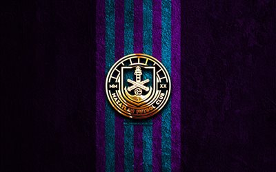 goldenes logo des mazatlan fc, 4k, violetter steinhintergrund, liga mx, mexikanischer fußballverein, mazatlan fc logo, fußball, mazatlan fc emblem, mazatlan fc, fc mazatlán