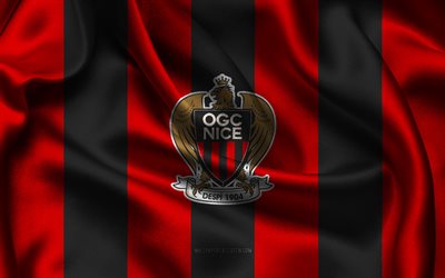 4k, OGC Nice logo, red black silk fabric, French football team, OGC Nice emblem, Ligue 1, OGC Nice, France, football, OGC Nice flag, Nice FC