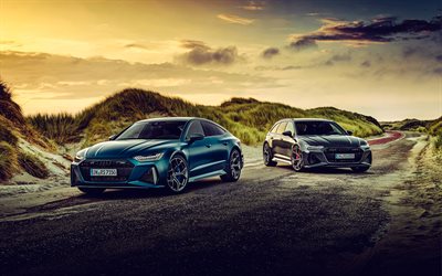 2023, Audi RS7 Sportback, front view, exterior, Audi RS6 Avant, blue RS7 Sportback, black RS6 Avant, German cars, Audi, 4k