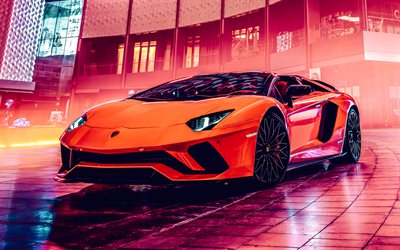 Lamborghini Aventador Roadster, 4k, street, 2019 cars, hypercars, Orange Lamborghini Aventador, supercars, italian cars, Lamborghini