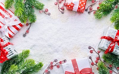 4k, caixas de presente brancas, molduras de natal, fundos de neve, feliz ano novo, decorações de natal, natal, fundos de inverno, quadros de natal, fundos de natal de neve