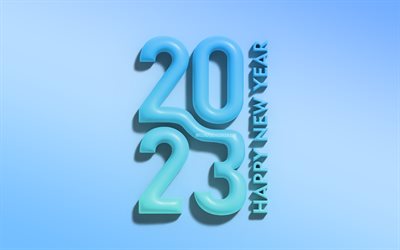 4k, 2023 feliz ano novo, dígitos 3d azuis, inscrição vertical, 2023 conceitos, minimalismo, 2023 dígitos 3d, feliz ano novo 2023, criativo, 2023 fundo azul, 2023 ano