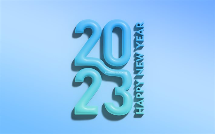 4k, 2023 Happy New Year, blue 3D digits, vertical inscription, 2023 concepts, minimalism, 2023 3D digits, Happy New Year 2023, creative, 2023 blue background, 2023 year