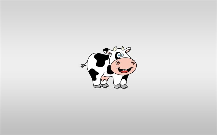 कार्टून गाय, 4k, कम से कम, ग्रे पृष्ठभूमि, कार्टून जानवर, गाय अतिसूक्ष्मवाद, गायों