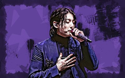 4k, jungkook, arte grunge, bts, cantante de corea del sur, jeon jung kook, k pop, banda coreana, jungkook con micrófono, fondo grunge violeta, estrellas de la música, celebridad coreana, los muchachos bangtan, jungkook bts