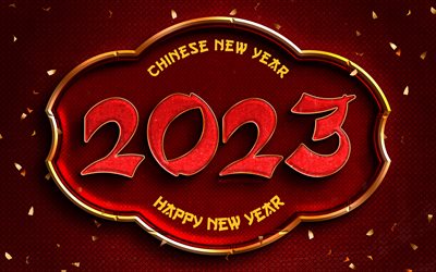 4k, Chinese New Year 2023, red 3D digits, Year of the Rabbit 2023, Year of the Rabbit, 2023 red digits, 2023 concepts, 2023 Happy New Year, Water Rabbit, Happy New Year 2023, creative, 2023 red background, 2023 year