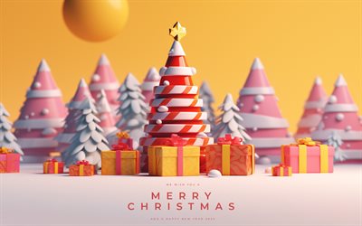 추상 크리스마스 트리, 4k, 창의적인, 노란색 크리스마스 배경, 새해 복 많이 받으세요, 3d 크리스마스 트리, 메리 크리스마스, 크리스마스 트리