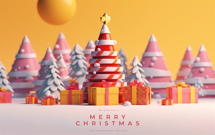 abstrakt julgranar, 4k, kreativ, gul julbakgrund, gott nytt år, 3d julgranar, god jul, julgran