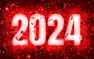 feliz año nuevo 2024, 4k, luces de neón rojo, 2024 conceptos, 2024 feliz año nuevo, arte de neón, creativo, 2024 fondo rojo, 2024 año, 2024 dígitos rojos