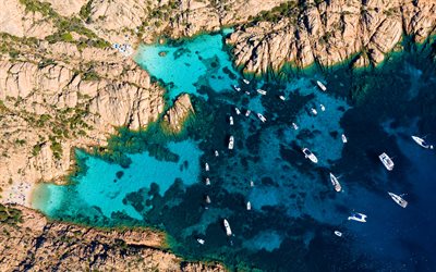 cala coticcio beach, 4k, イタリアのランドマーク, 港, hdr, サルデーニャ, イタリア, ヨーロッパ, 夏旅行, 海, 美しい自然, 空中ビュー, cala tahiti coticcio, ラマッダレナ