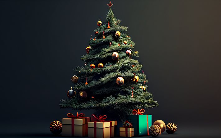 árbol de navidad, feliz navidad, feliz año nuevo, árbol 3d, cajas de regalos debajo del árbol de navidad, antecedentes de navidad