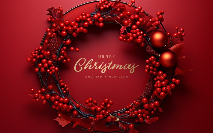 viburnumとのクリスマスリース, 4k, あけましておめでとう, メリークリスマス, クリスマスの花輪, 赤いクリスマスの背景, クリスマスリース