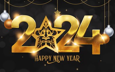 2024 feliz ano novo, 4k, dígitos 3d dourados, 2024 fundo preto, 2024 conceitos, bolas de natal douradas, 2024 dígitos de ouro, decorações de natal, feliz ano novo 2024, criativo, 2024 anos, feliz natal