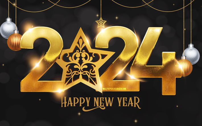 2024年明けましておめでとうございます, 4k, ゴールデン3d桁, 2024黒い背景, 2024概念, ゴールデンクリスマスボール, 2024黄金桁, クリスマスの装飾, 明けましておめでとう2024, クリエイティブ, 2024年, メリークリスマス