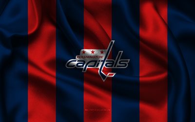 4k, logo de washington capitals, tissu de soie rouge bleu, équipe de hockey américaine, emblem des capitals de washington, dans la lnh, capitals de washington, etats unis, le hockey, drapeau de washington capitals
