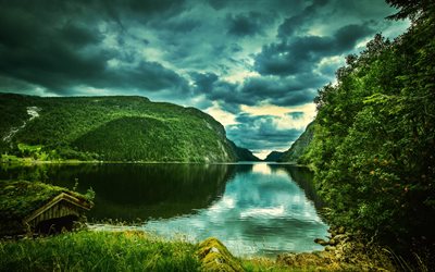 akşam, yaz, göl, dağlar, Norveç, Rogaland