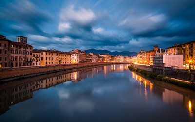 akşam, ışıklar, Nehir Arno, Pisa, Tuscany, Italy