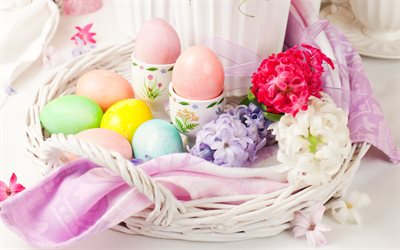 Easter, easter background, colored eggs, ribbons