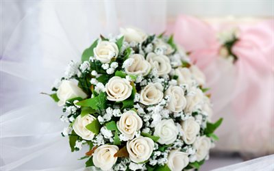 des roses blanches, bouquet de mariée, de roses, de bouquets de mariage