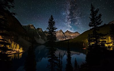 モレーン湖があり, 夜, バンフ国立公園, 山々, カナダ