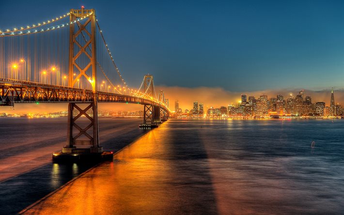 खाड़ी पुल, रात, अमेरिका, सैन फ्रांसिस्को, कैलिफोर्निया, संयुक्त राज्य अमेरिका
