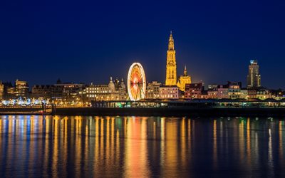 Anversa, la notte, la ruota panoramica, paesaggio urbano, Schelda, Belgio