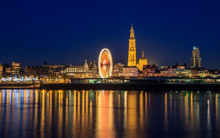 Antwerp, gece, Dönme Dolap, şehir, Scheldt Nehri, Belçika