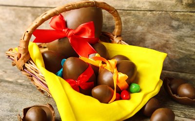 Easter, chocolate eggs, easter basket, decoration, red ribbon, easter eggs