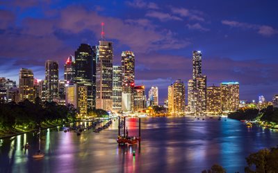 Brisbane, liman, gece, gökdelenler, Avustralya, üretim platformu
