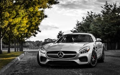Mercedes-AMG GT, 2016, Makinesi, spor araba, siyah jantlar, Gümüş Mercedes