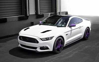Ford Mustang, Incurve Ruedas, LP-5, 2016, blanco mustang, coches deportivos, tuning, mustang tuning, púrpura ruedas, Ford
