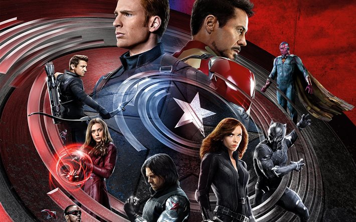 De la Guerra Civil, el Capitán América, 2016, cartel, acción, Scarlett Johansson, Chris Evans, Anthony Mackie