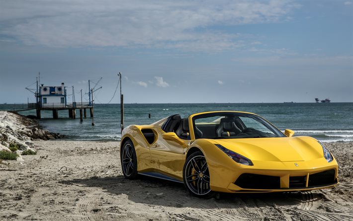Ferrari 488 Spider, 2016, supercars, beach, yellow ferrari