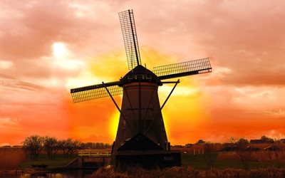 molino, río, puesta del sol, países Bajos, Holanda