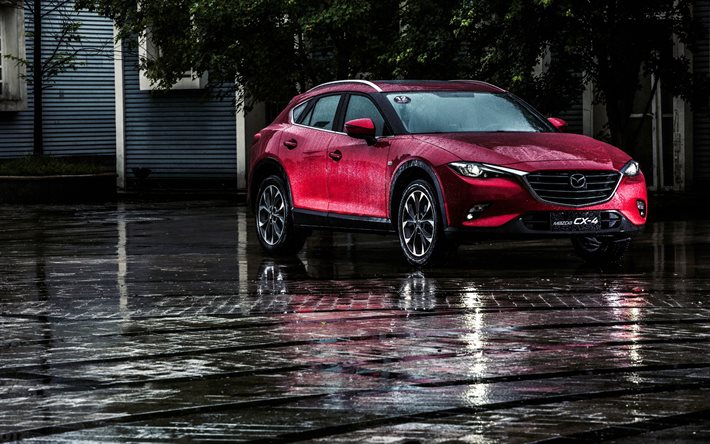 Mazda CX-4, 2016, rojo Mazda, color rojo CX-4, crossovers Mazda, coches en la lluvia