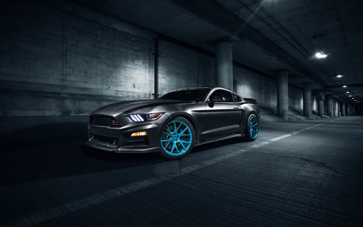 ford mustang, harmaa ford, harmaa mustang, tuning mustang, tuning ford, sport coupe, siniset vanteet, roush x, vossen wheels